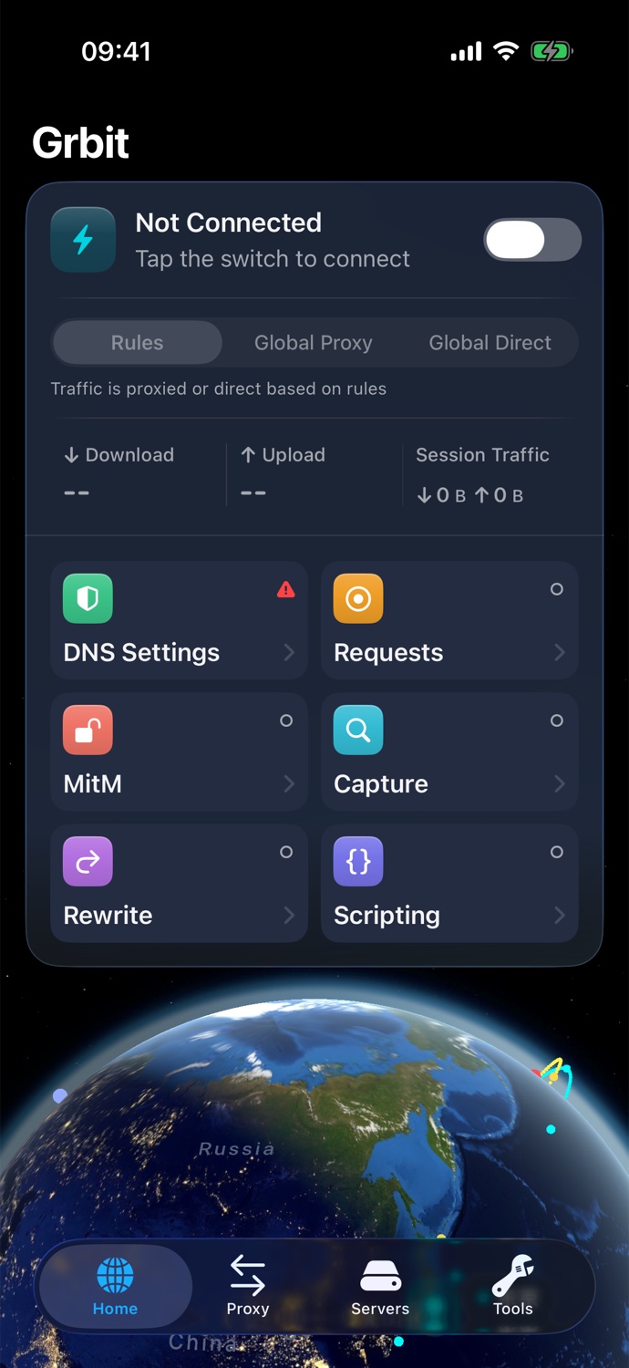 Grbit home screen showing the connection panel, feature tiles, and a 3D globe